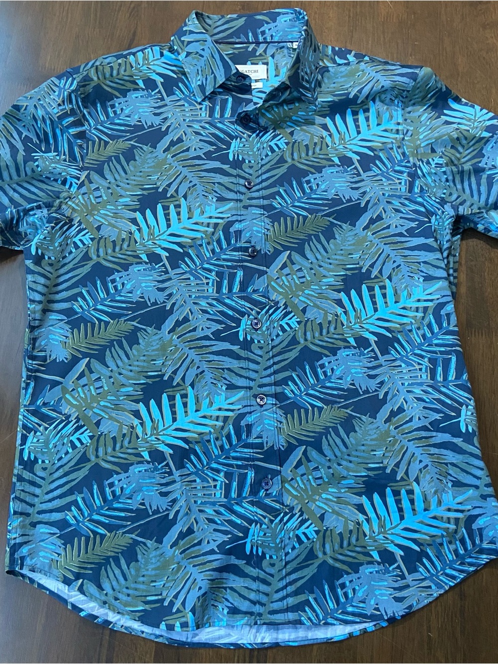 Bugatchi Short Sleeve Button Shirt Mens M Blue Tropical Palm Comfort Stretch